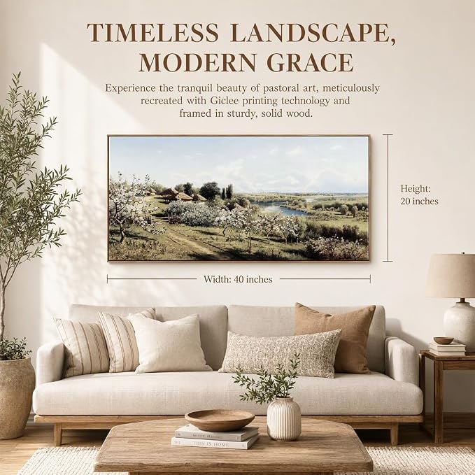 DJSYLIFE Farmhouse Apple Blossoms Landscape Framed Wall Art for Living Room | 20x40inch Vintage Canvas Picture, Large Country Painting Print, Rustic Artwork Decor for Bedroom & Above Bed, Ready to Hang