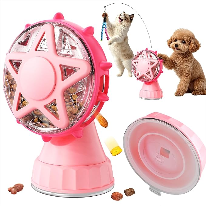 2in-1 Cat Slow Feeder and Interactive Cat Puzzle Toy,Ferris Wheel Treat Dispenser with Strong Suction Cup Base and Adjustable Food Leakage Holes,Food-Grade BPA-Free PP Cat Toys (Pink)