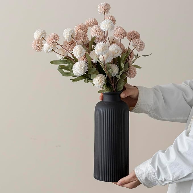 Large Modern Ceramic Vase Set, Black Ribbed Matte Finish, 3-Piece Decorative Vases for Home Living Room Office, 10 inch Tall, 4 inch Width (XL Black Mix)