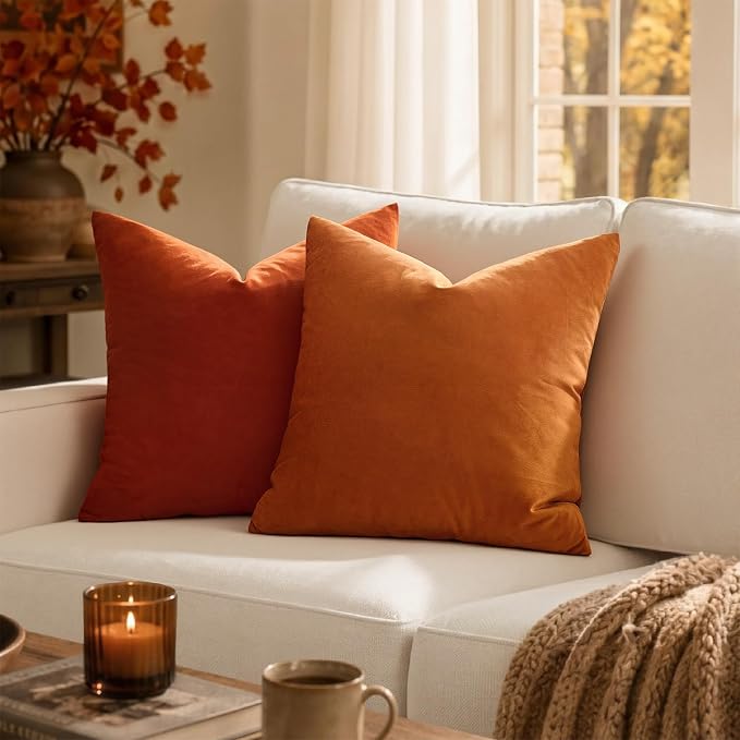 MIULEE 26x26 Inch Pack of 2 Euro Fall Velvet Throw Pillow Covers Orange | Soft Solid Decorative Euro Sham, Modern Luxury Home Decor, for King Bed Sofa Couch Bedroom Livingroom