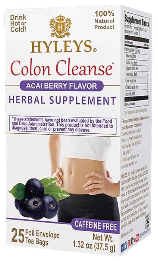 HYLEYS Colon Cleanse Tea, Acai Berry Flavor - 25 Individually Wrapped Herbal Tea Bags - Caffeine Free, Gluten Free