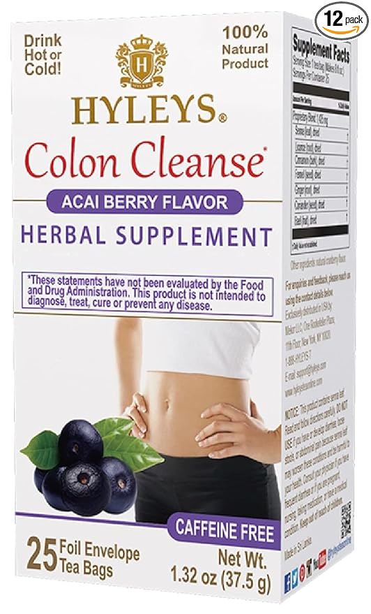 HYLEYS Colon Cleanse Tea, Acai Berry Flavor - 300 Individually Wrapped Herbal Tea Bags (12 Pack of 25) - Caffeine Free, Vegan