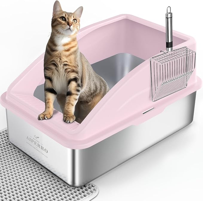 AIPERRO Stainless Steel Litter Box | XL Metal Cat Litter Boxes with Lid | Enclosed High Sided for Big Cats | Anti-Urine Leakage, Non-Stick, Easy to Clean with Litter Mat & Metal Scoop | Cute Pink