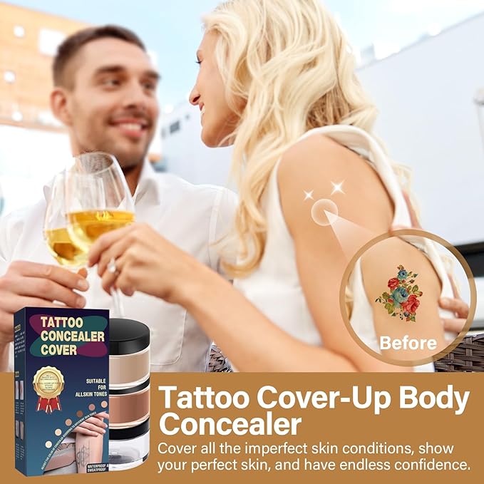 Tattoo Cover Up Makeup Waterproof, 2-Color Tattoo Concealer, Long Lasting Sweatproof Concealers and Neutralizing Makeup for Body, Naturally Cover Tattoos, Scars, Spots, Vitiligo