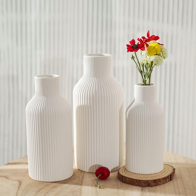Bohemian White Ceramic Vase - for Pampas Grass, Mantel, Bookshelf, Entryway and Living Room Decor (White, Set of 3)