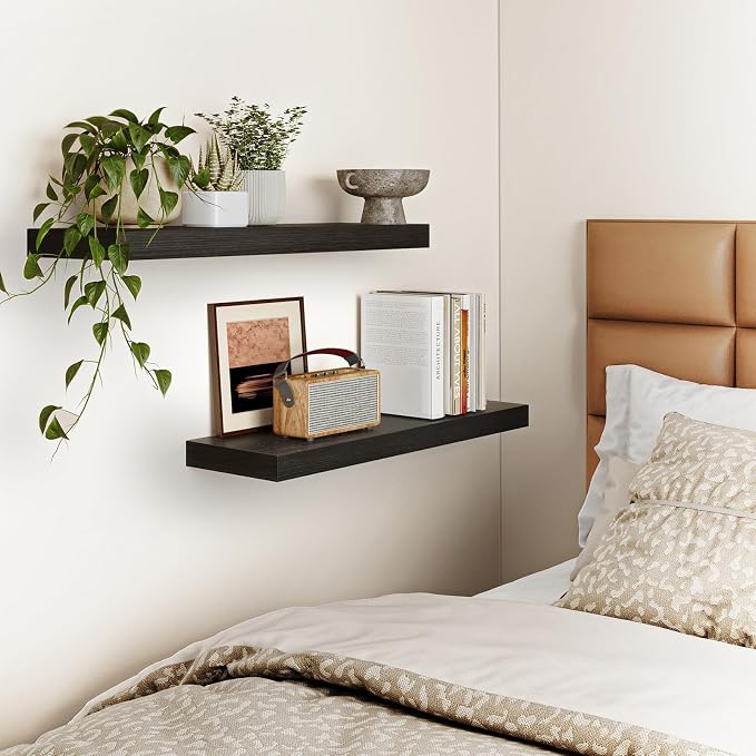 Fixwal Floating Wall Shelves for Decor (Black, Set of 2, 22Inch) | MDF Shelf with Metal Brackets, Space Saving for Books , Decor, Fits Bathroom, Kitchen, Bedroom, or Office