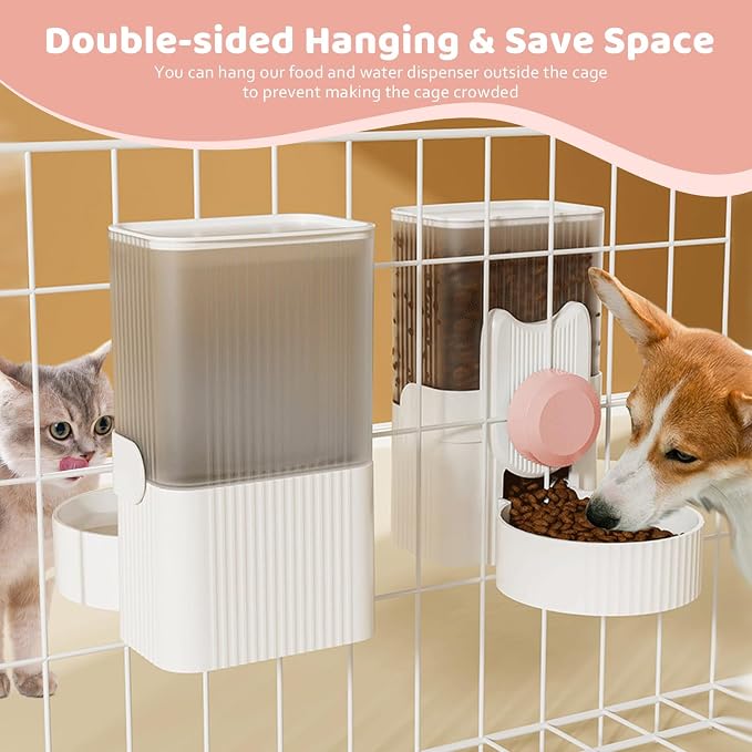 Hanging Cage Auto Pet Food Bowl Water Bottle Dispenser, 1L, Pink | Auto Gravity Pet Feeder and Waterer Set, Kennel Feeding Station, Crate Feeder Dish, For Rabbit Puppy Cats Ferret