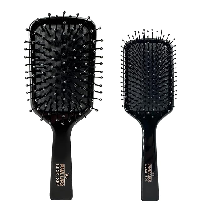 Phillips Brush Luxe Series Square Paddle Hairbrush Combo Pack – Full Sized 9.25 inch Detangler + 7 inch Petite Size Travel Detangler, Sleek Black Color with Gold Accents