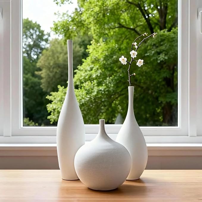 Relexome White Ceramic Vase Modern Boho Wabi-Sabi Flower Vase Set of 3 Decorative Aesthetic Vases for Centerpieces Pampas Matte Minimalist Vases for Living Room Table Shelf Home Decor Gift