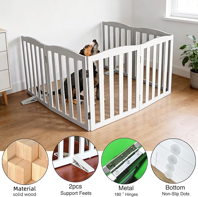 ZJSF Foldable Freestanding Indoor Dog Gate for House Wood White Long Pet Gates Dog Fence for Stairs Puppy Gates for Hallways,Pet Fence, Puppy Gate,Support Feet Included 24 "Height-6 Panels
