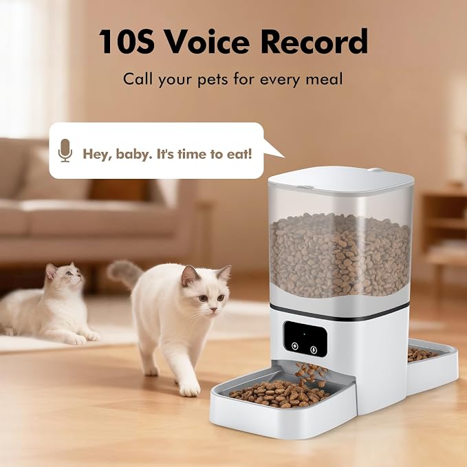Automatic Cat Feeder for 2 Cats, 6L Large Capacity, 2.4G WiFi, APP Control | Timed Cat Dry Food Dispenser for Cats & Dogs with 2 Stainless Steel Bowls, Dual Power Supply, 10s Voice Recorder