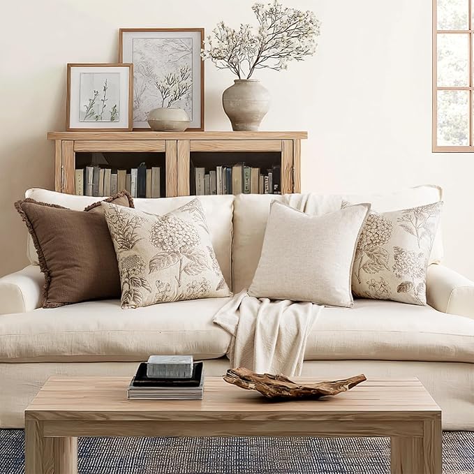 Set of 2 Decorative Floral Pillow Covers 22x22 Inch Light Brown | Neutral Hydrangea Print, Boho Vintage Throw Cushion Covers, Cottagecore Home Decor, for Sofa Couch Porch Bedroom Living Room