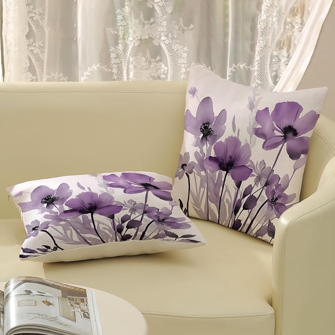 Spring Floral Pillow Covers 18x18 Inches Set of 2,Purple Floral Throw Pillow Covers Outdoor Summer Flower Decoration Pillowcase Farmhouse Decorative Square Cushion Cover Decor for Home Sofa