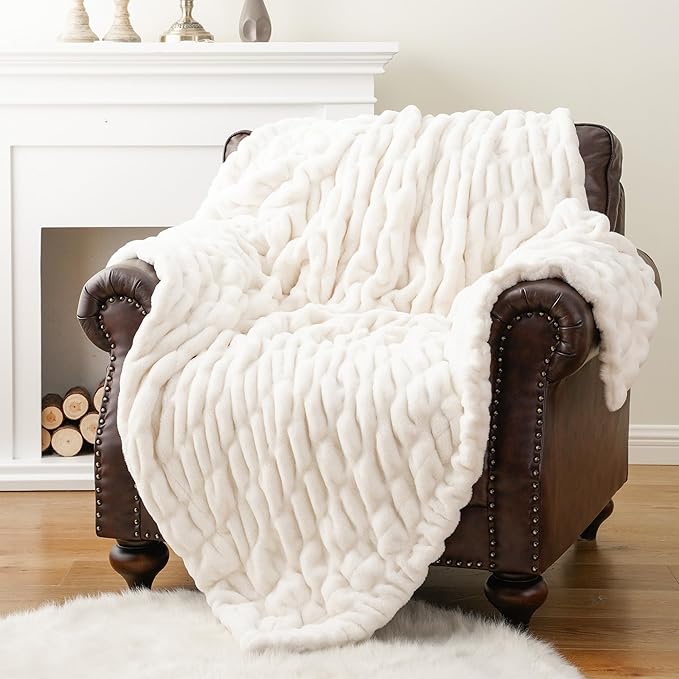 BATTILO Soft Faux Fur Throw Blanket for Couch, Double Side, 60"x80", White | Luxury Minky Couture Blanket, White Throw Blanket, Silky Cozy Soft Thick Faux Fur Blanket For Bed, Sofa Living Room