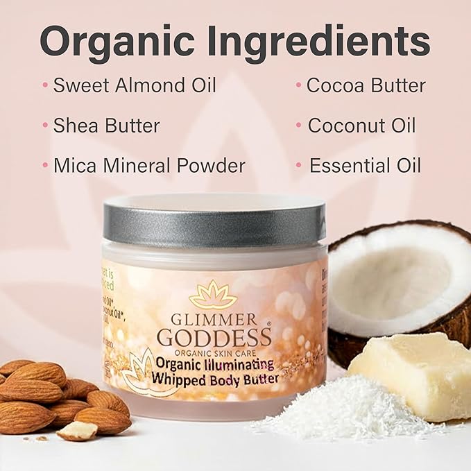 Glimmer Goddess Shimmer Body Butter with Organic Whipped Shea Butter for Hydration, Moisturizing & Silky Natural Glow - Diamond Super, 4 oz