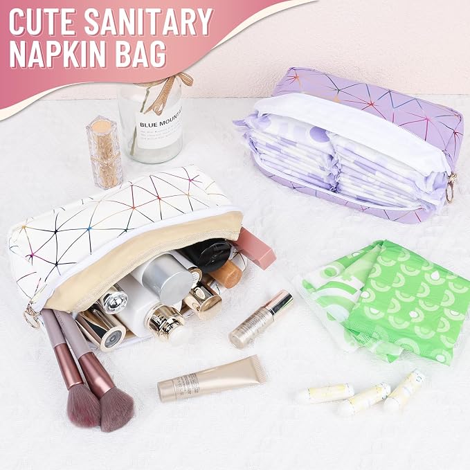 Tampon Holder for Purse Period Bag Waterproof Geometric PU Sanitary Napkin Storage Bag Portable Menstrual Cup Pad Pouch Cute Makeup Bag Feminine Gift Vibrant White