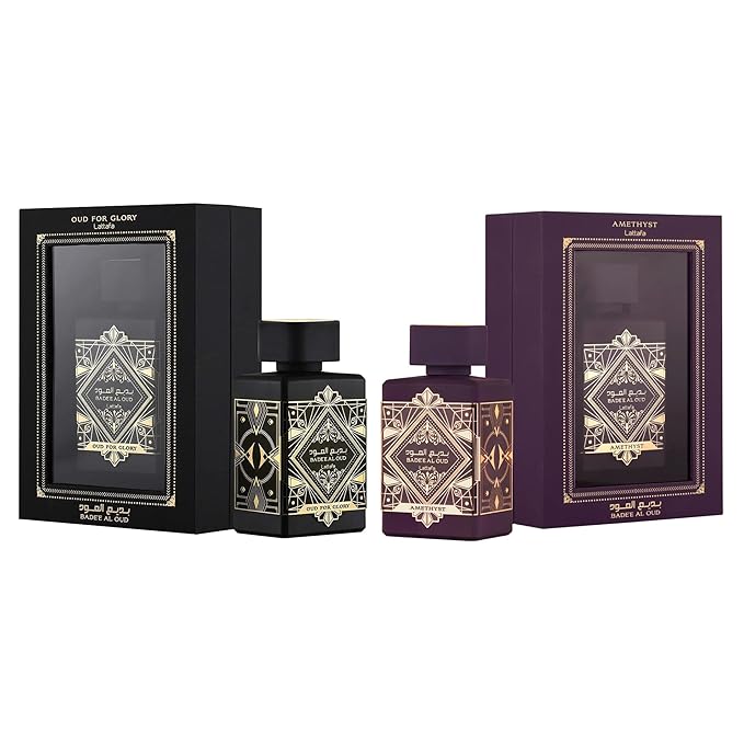 Lattafa Bade'e Al Oud 2-Piece Set for Unisex, (3.4 Oz Amethyst Eau De Parfum Spray + 3.4 Oz Oud for Glory Eau De Parfum Spray)