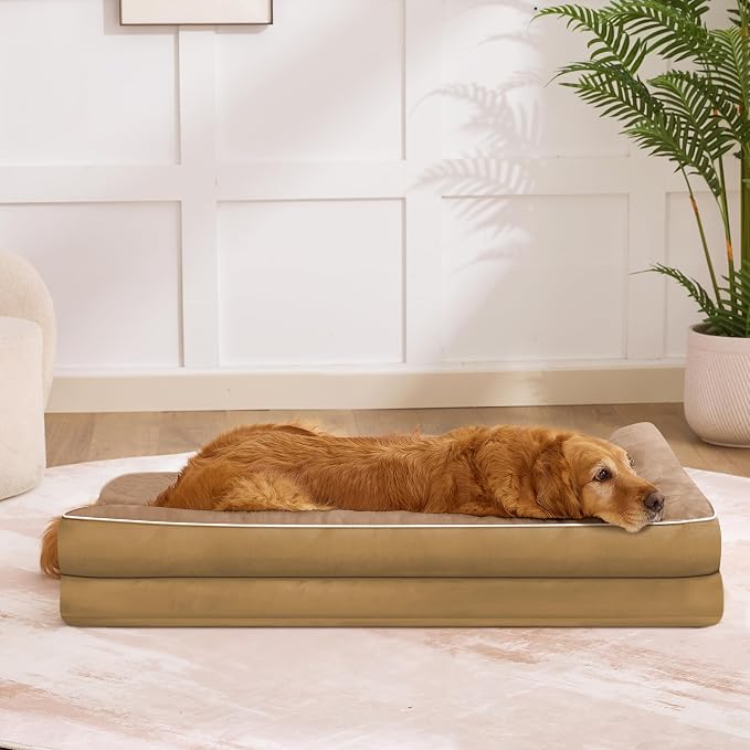 XXL Orthopedic Dog Bed, Extra Large Dogs, 48"x35"x7.5", Camel | Waterproof, Washable Cover, L-Shaped Pet Couch, Egg-Crate Foam for Pressure Relief, Portable Handle