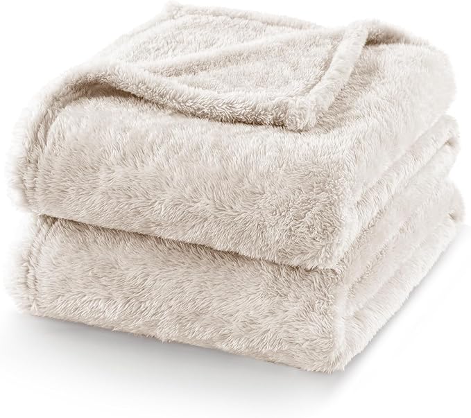 Exclusivo Mezcla Fuzzy Plush Fleece Bed Blanket Queen Size, Beige | 90x90 Inches, Super Soft and Cozy Bed Blanket, Fluffy Decorative Bedding for Livingroom, Bedroom, All Season