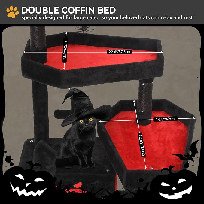 YITAHOME Gothic Cat Tree with Coffin Bed, 63" Tall Cat Tower for Indoor Cats with Top Perch, Spacious Cat Condos, Spider Hanging Balls,Comfy Hammock, Scratching Post and Ladder, Black Halloween | Cat Tower with Top Perch, Spacious Cat Condos, Spider Ha...