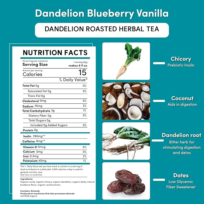 Teeccino Dandelion Blueberry Vanilla Herbal Tea - 25 Tea Bags - Rich & Roasted Herbal Tea That’s Caffeine Free & Prebiotic for Natural Energy, Coffee Alternative