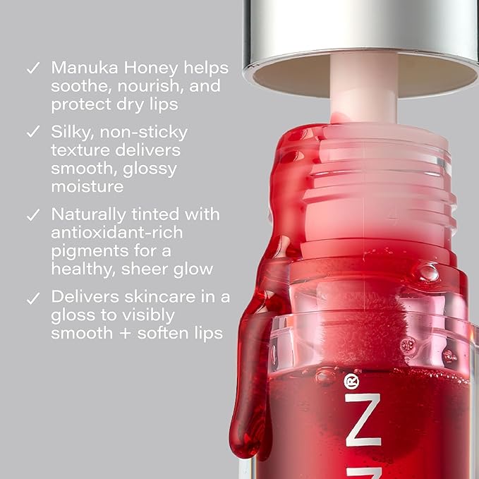 SKINN Luminous Lip Oil, Crimson - Lip Care for Dry and Cracked Lips - Ultra-Light Non-Sticky Formula with Sheer Glossy Finish - Soothing Vitamin C & Manuka Honey Supports Collagen Production