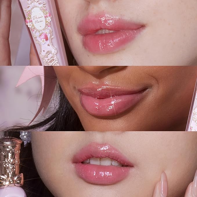 Flower Knows Violet Strawberry Rococo Glowy Lip Gloss,Moisturizing Shine Pink Lip Plumper Oil,Hydrating Lip Tint for Girls&Women,Vegan & Cruelty-Free,0.12 Fl Oz(G01 Strawberry Macaron)