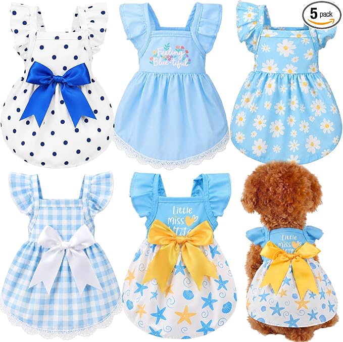 Abbylike 5 Pcs Dog Dresses for Large Dog Girl, Blue Summer Pet Clothes | Coastal Ocean Style, Starfish Floral Daisy Polka Gingham Bowknot, Breathable Dog Skirts Outfits for Large Pets Cats Female