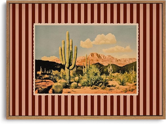 ZZLWBKGL Western Wall Decor Cactus Canvas Art Desert Framed Wall Art | Mid Century Southwestern Artwork Nature Striped Paintings for Living Room Bedroom Study