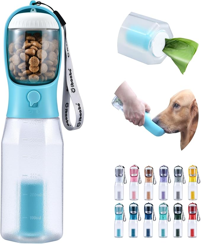 Cibaabo Dog Water Bottle with Food Container & Poop Bag Holder & Filter | Feeding & Hydration & Waste All in One | Travel Puppy Water Bowl | Portable Pet Dispenser | Dog Gifts | for Walking Beach