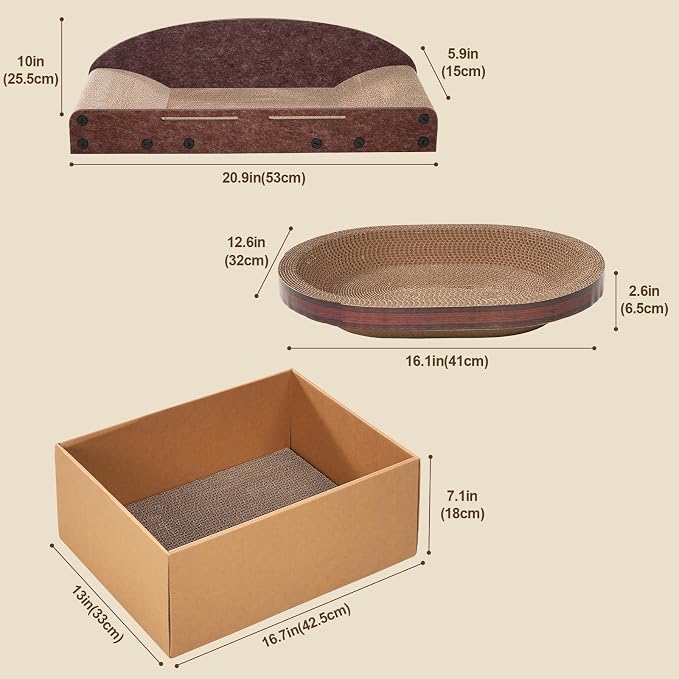 Avont 3-Piece Cardboard Cat Scratcher Set for Indoor Cats | Corrugated Cat Scratchers with Scratch Pad, Scratch Box and Lounge Bed