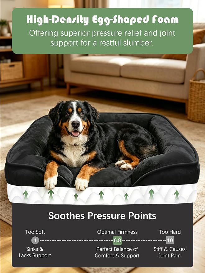 Spotted Play Orthopedic Dog Bed with Sides - Sofa Beds for Extra Large Dogs, Supportive Foam Pet Couch Bed with Washable Removable Cover, Waterproof Lining and Non-Slip Bottom, Black - XL-Plus