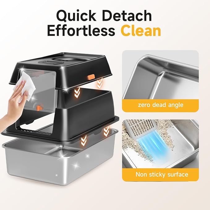 XL Enclosed Stainless Steel Litter Box with Lid, Black | covered, High Sided, Rustproof & Leak Proof, Easy Clean, Odor Control, Includes Scoop & Step & Mat