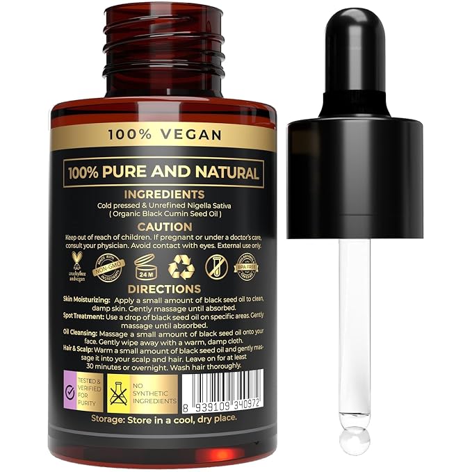 100% Plant Based Black Seed Oil Organic Cold Pressed - Nigella Sativa Black Cumin Seed Oil for Skin & Face - BlackSeed Drops for Hair Growth & Skin Moisturizing