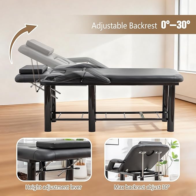 Professional Massage Bed Stationary Adjustable Massage Table Spa Bed 73" x27.5” Physical Therapy Table with Memory Foam Salon Bed w/Removable Headrest (Black with Armrest)