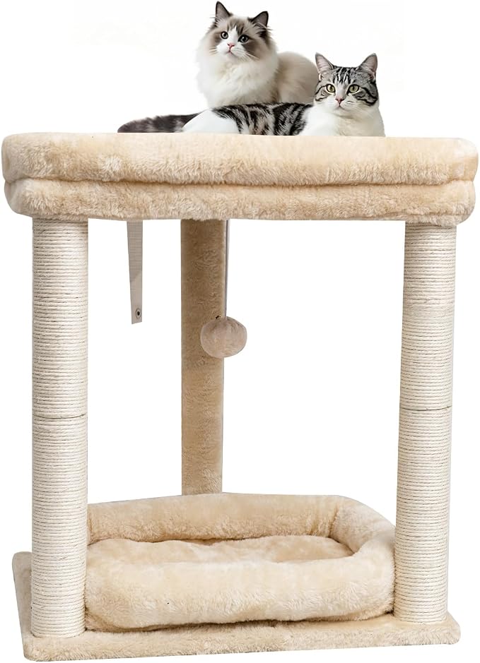 SYANDLVY Small Modern Cat Tree with 2 Levels Perch Platforms for Kittens | Natural Sisal Scratching Post Tower with Hanging Bell Ball & Anti-Tip Strap, Cat Furniture for Indoor Cats, Beige