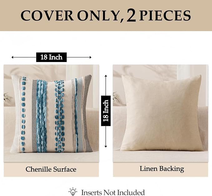 ANRODUO Boho Decorative Pillow Covers 20x20 Sky Blue Stripe 3 Pack of 2 | Throw Pillow Covers, Farmhouse Cushion Case, Chenille Pillow Cases, Pillow Covers, Accent Neutral Pillowcase for Sofa Couch