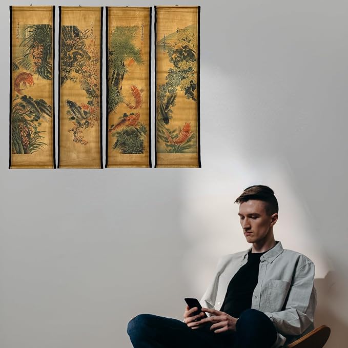 CIFIBIFUN Wall Scroll Hanging Painting Decor Japanese Art Koi Fish Fengshui | 4Panels,Ancient Japan Paintings Replica ,Asia Traditional Art, Attract Wealth, Four Season Flower