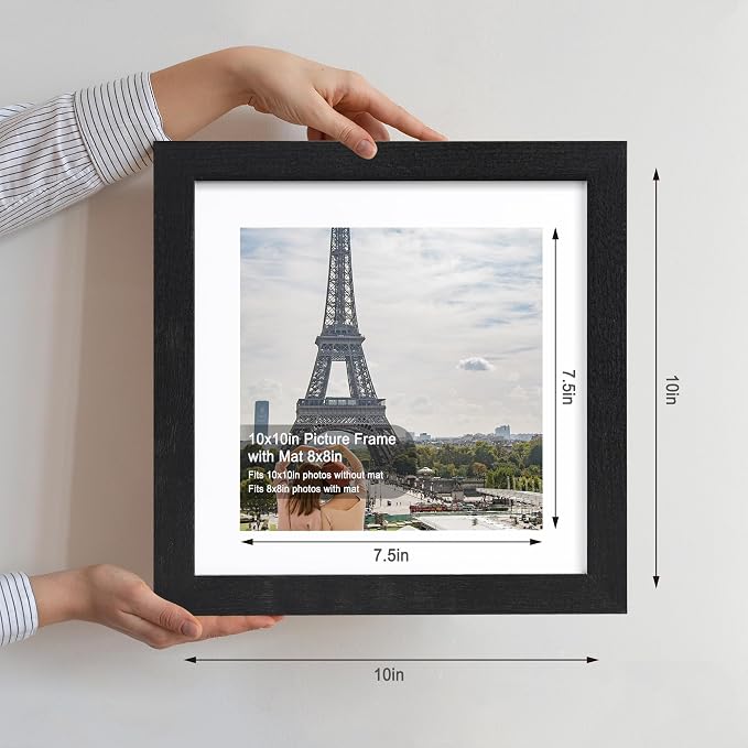 Hongkee 10x10 Picture Frame Set of 4, Made of Glass and Rustic Black Wooden Frame - Display Picture 8x8 with Mat or 10 x 10 Without Mat, 10 by 10 Photo for Wall or Tabletop