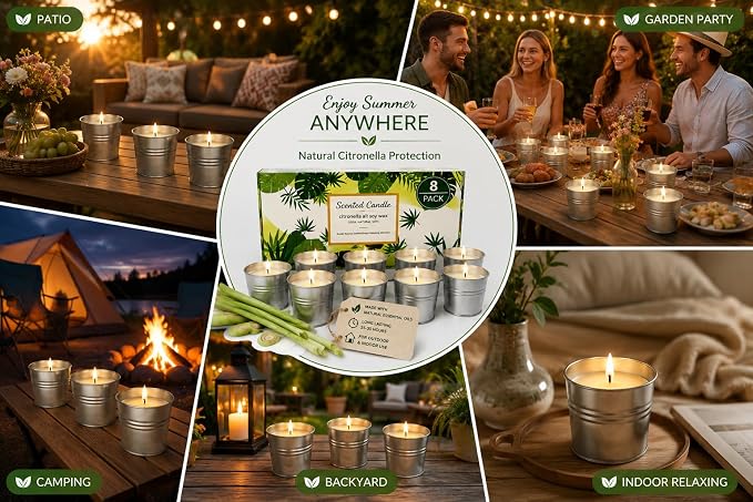 Citronella Candles Outdoor, 8 Pack Soy Wax Candles for Patio & Camping | Portable metal tins, cotton wick, clean burning, ideal for backyard and garden