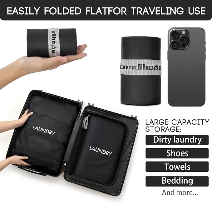 Travel Laundry Bag (2 Pcs - Large + Medium) - Foldable Waterproof Washable Wet Dry Bag for Gym, Swimming, Yoga, and Workout Perfect for Dirty Clothes, Bathing Suits, Travel Accessories Black