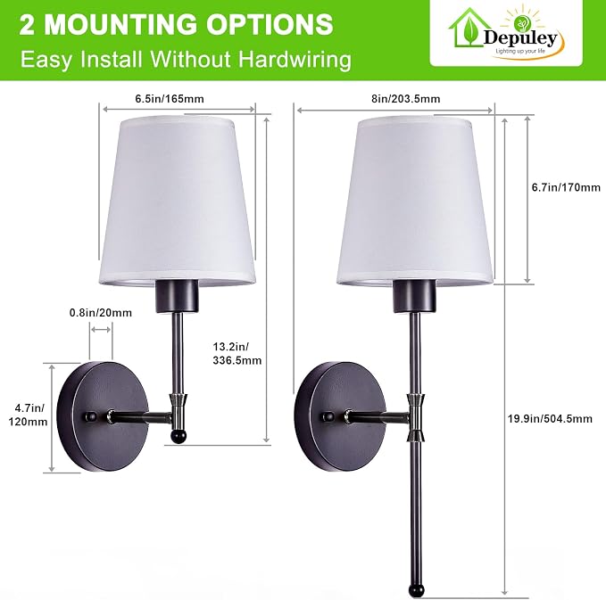 Depuley Battery Operated Wall Sconce: 19.9 Inch Set of 2 Wireless Wall Lights with Remote for Bedroom - Rechargeable 15 Colors Black Wall Lamp for Living Room Hallway Decor