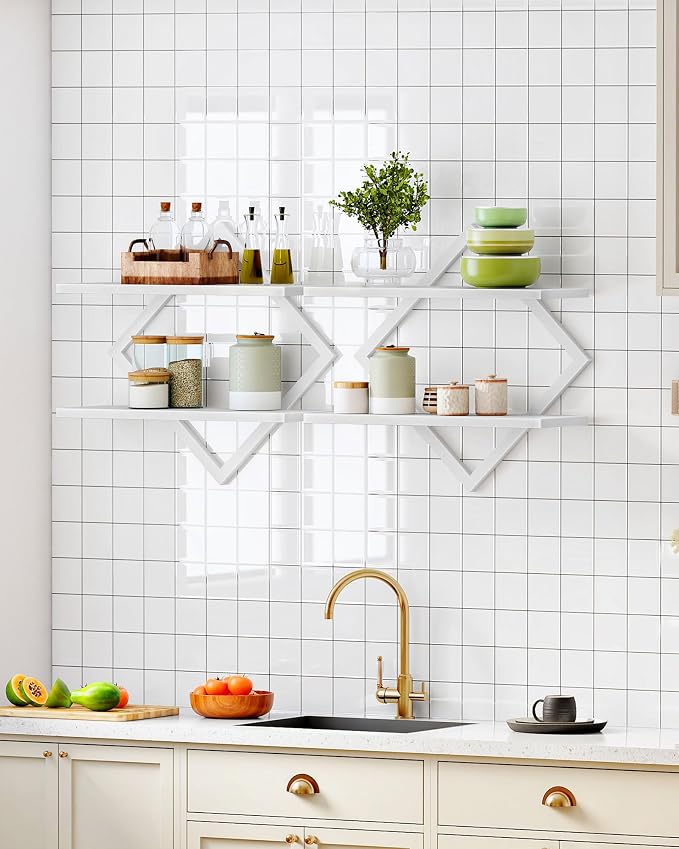 Floating Shelves, Set of 2 Wall Shelves, 2-Tier Hanging Shelves, Wall Shelf Set of 2, for Living Room, Bedroom, Kitchen, Office, Study, White TBJ01P2WB