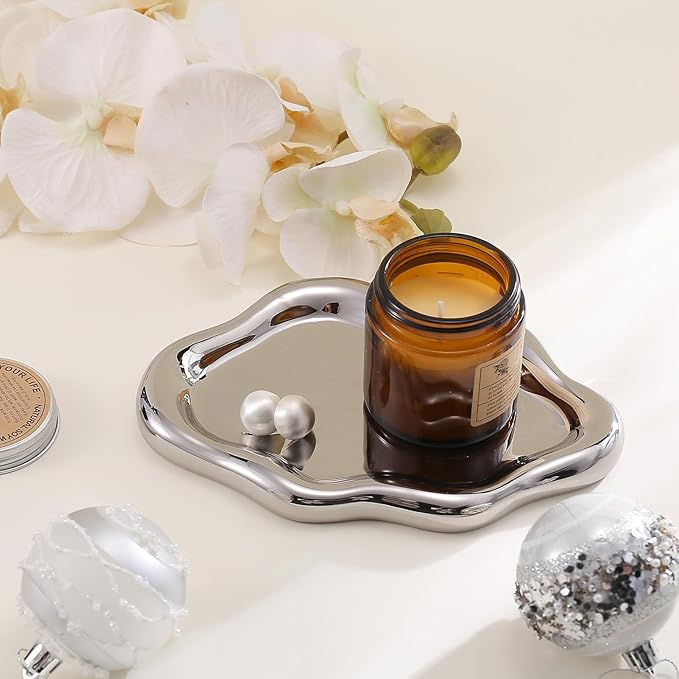 CCINPPY Ceramic Cloud Jewelry Tray Trinket Dish Key Bowl Nightstand Decor | Decorative Small Desk Tray Jewelry Plate Key Holder Bowl Cute Bedroom Room Decor Aesthetic, Gift for Women, Silver Large