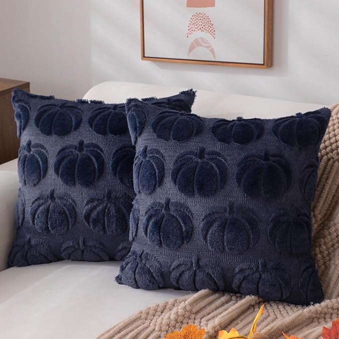 DFXSZ Fall Pillow Covers 18x18 2Pcs Navy Blue Pumpkin Fall Decorations | Fall decor Set of 2 Throw Pillow Cases Soft Plush Faux Fur Wool Couch Cushion for Chair Sofa Bedroom Living Room Home Decor