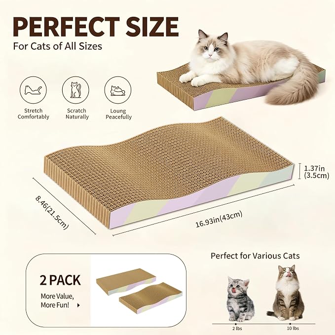 Cat Scratching Board 2-Pack, Reversible Cat Scratcher Pad, Large | Odor-free,Double-sided use,Wave shape,Sturdy,Extra Large,Custom corrugated board,2 Count,cat toys