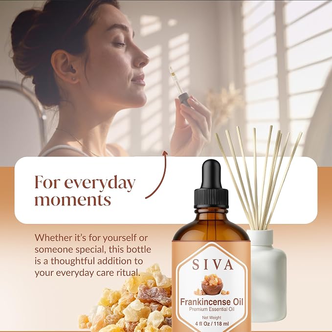 Siva Frankincense Essential Oil 4 Fl Oz – for Diffuser, Skin & Hair Care – Ideal for Massage & DIY Blends - with Dropper