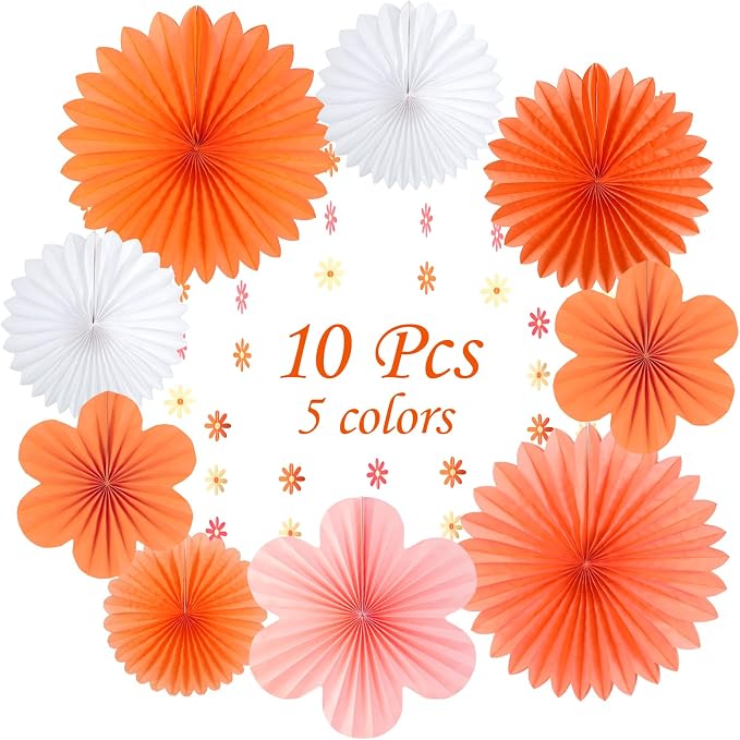 SUNBEAUTY Pink and Orange Party Decorations, Paper Flowers Decoration Fans | 9 Pcs Orange & Pink groovy paper fans, Paper flowers decorations for wall, Wall hanging decor, Office, Classroom, Baby shower