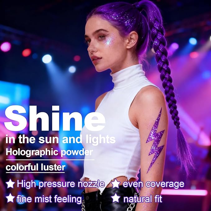 Hair and Body Glitter Spray, Holographic Glitter Highlighter Powder for Rumi Costume Cosplay Makeup, Face Body Clothes Shiny Glitter, Loose Shimmer Hairspray Festival Rave Prom Accessories (Purple)