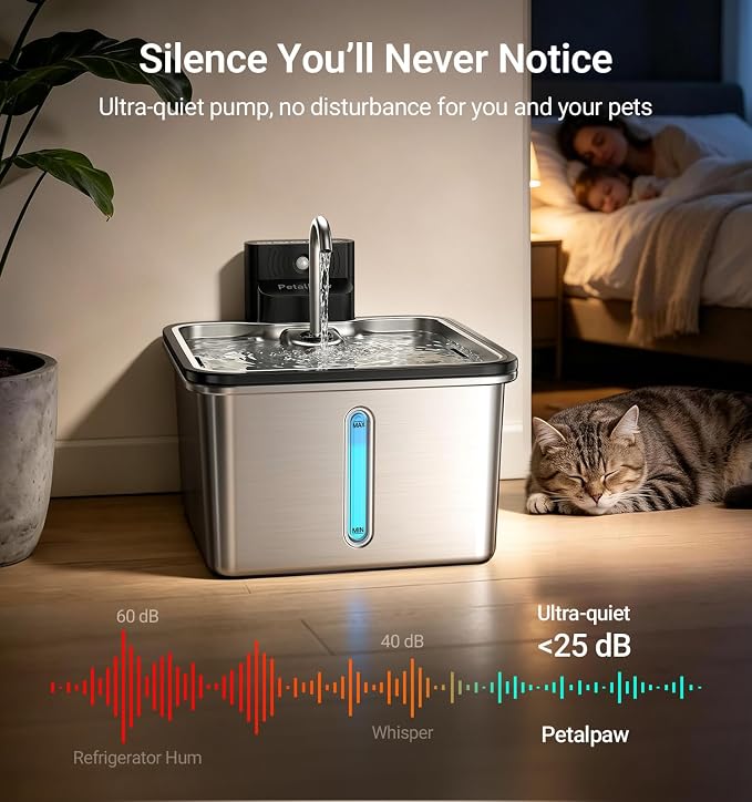 Wireless Cat Water Fountain, Water & Battery Separation, Faucet Design | PETALPAW Cat Fountain Stainless Steel, 4000mAh, 3.5L Cordless Pet Water Dispenser for Indoor Cats & Small Dogs, Silver